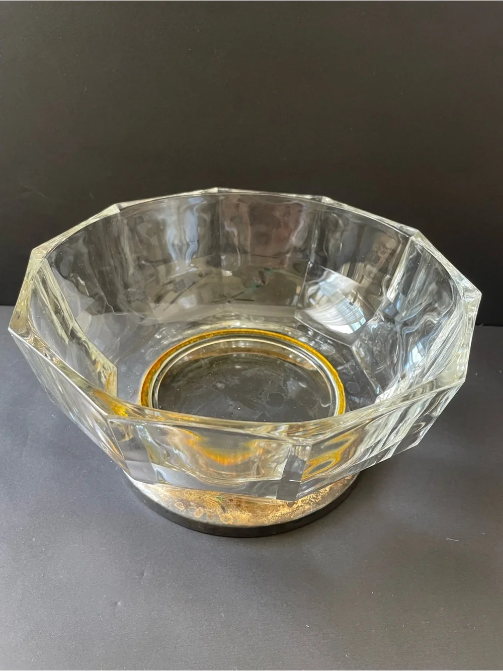Vintage Octagonal Crystal Fruit Decorative Bowl Silver plated Trim 9 “ Italy